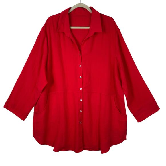 Fridaze Linen Tunic Top Womens Size 2XL Button Up Red Wrinkle Free Pockets L/S - Picture 1 of 11